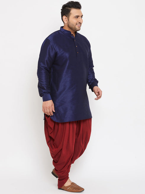 Vastramay Men's Plus Size Navy Blue Silk Blend Curved Kurta Dhoti Set